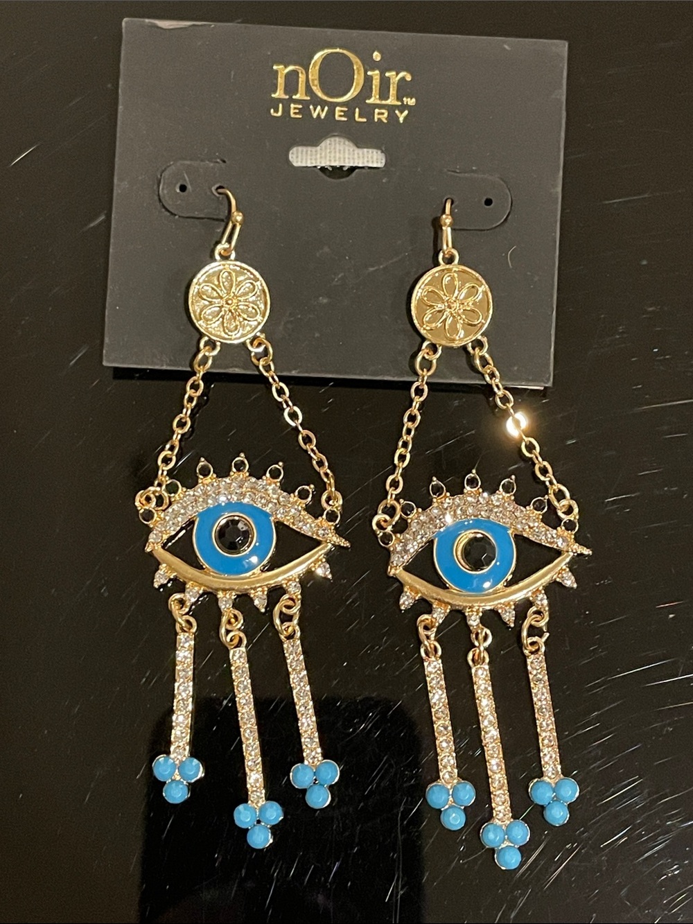 nOir Jewelry Gold and Blue Evil Eye Chandelier Earrings